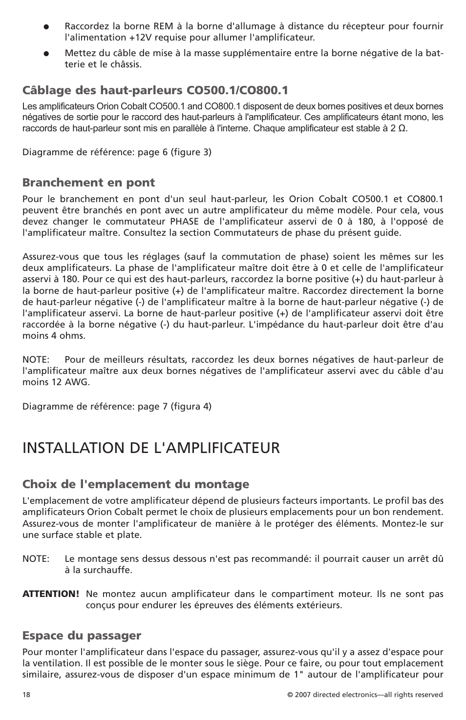 Installation de l'amplificateur, Branchement en pont, Choix de l'emplacement du montage | Espace du passager | Orion Car Audio CO500.1 User Manual | Page 19 / 66