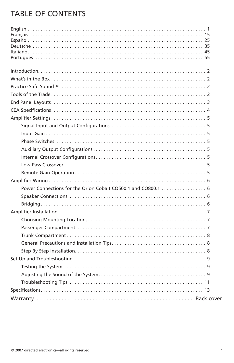 Orion Car Audio CO500.1 User Manual | Page 2 / 66