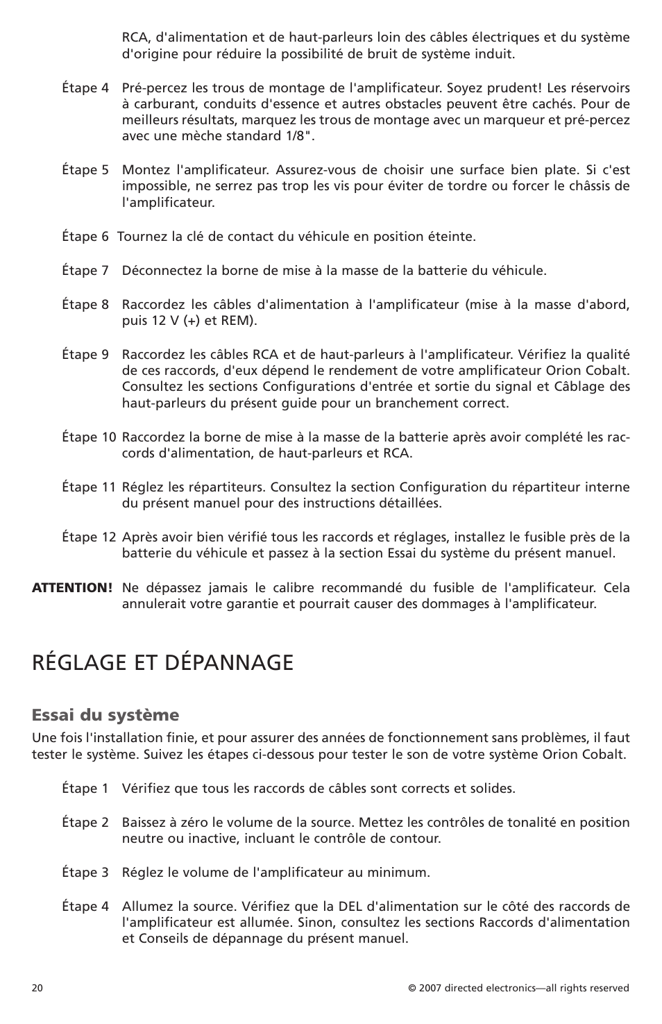 Réglage et dépannage, Essai du système | Orion Car Audio CO500.1 User Manual | Page 21 / 66