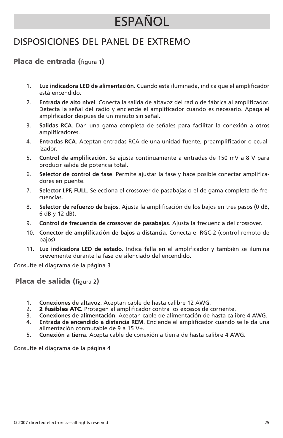 Español, Disposiciones del panel de extremo, Placa de entrada | Placa de salida | Orion Car Audio CO500.1 User Manual | Page 26 / 66