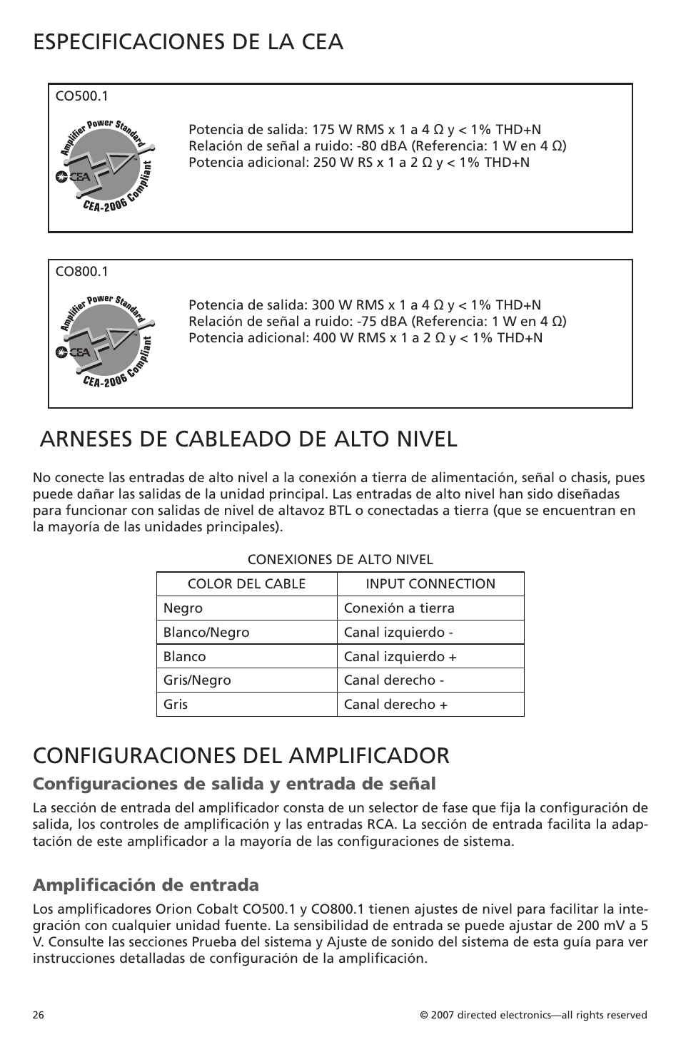 Especificaciones de la cea, Arneses de cableado de alto nivel, Configuraciones del amplificador | Configuraciones de salida y entrada de señal, Amplificación de entrada | Orion Car Audio CO500.1 User Manual | Page 27 / 66