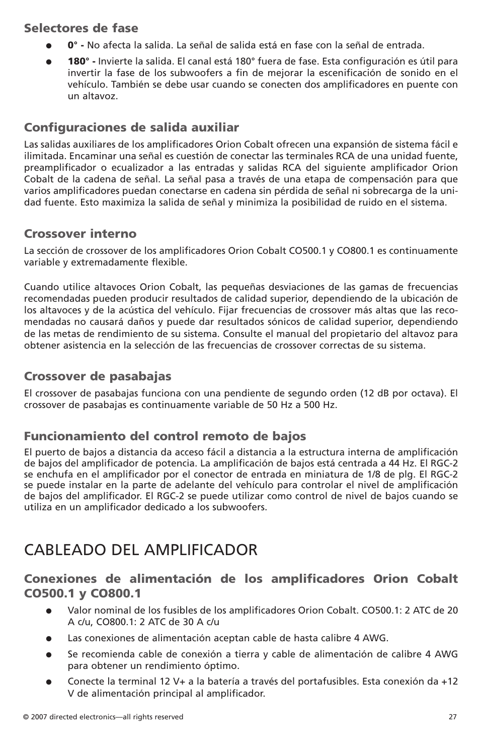 Cableado del amplificador, Selectores de fase, Configuraciones de salida auxiliar | Crossover interno, Crossover de pasabajas, Funcionamiento del control remoto de bajos | Orion Car Audio CO500.1 User Manual | Page 28 / 66