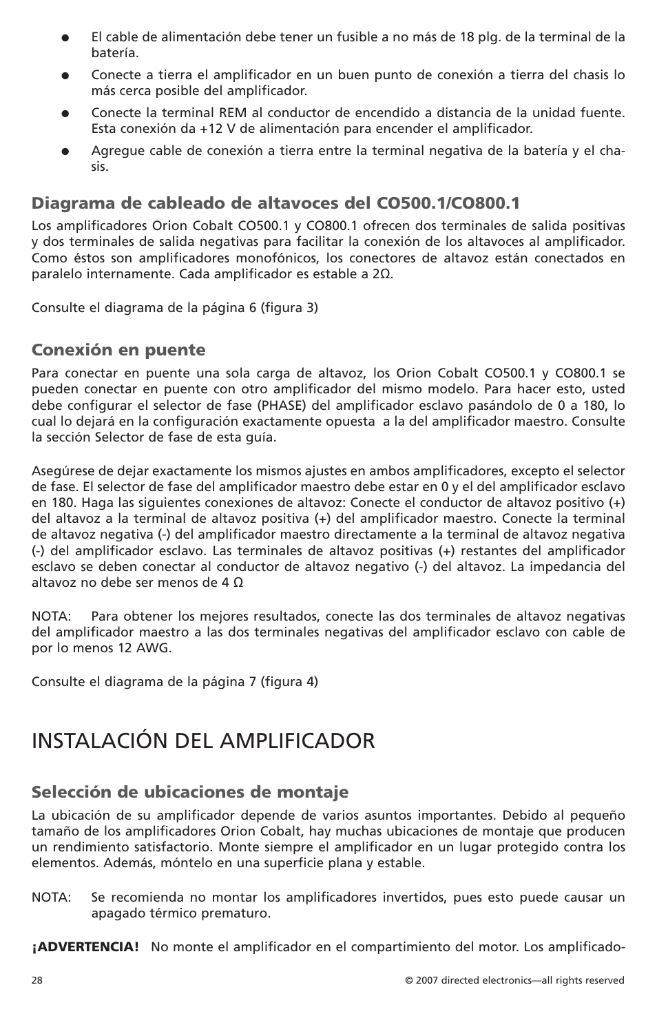 Instalación del amplificador, Conexión en puente, Selección de ubicaciones de montaje | Orion Car Audio CO500.1 User Manual | Page 29 / 66