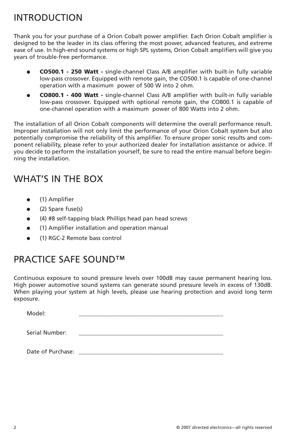 Introduction, What’s in the box, Practice safe sound | Orion Car Audio CO500.1 User Manual | Page 3 / 66