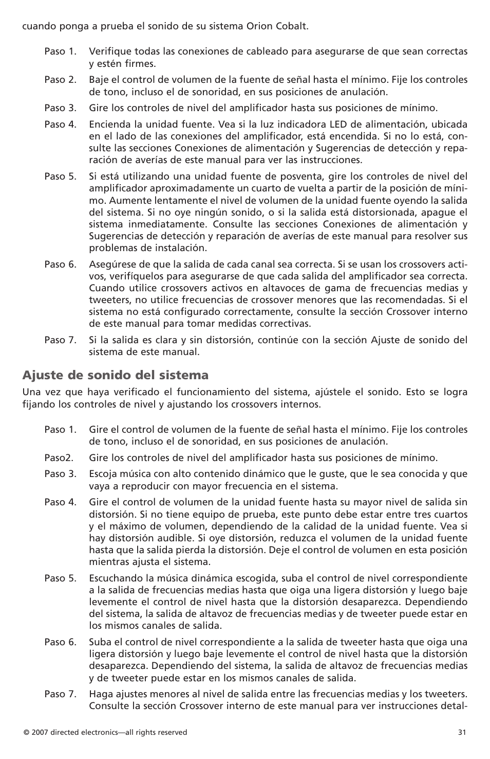 Ajuste de sonido del sistema | Orion Car Audio CO500.1 User Manual | Page 32 / 66