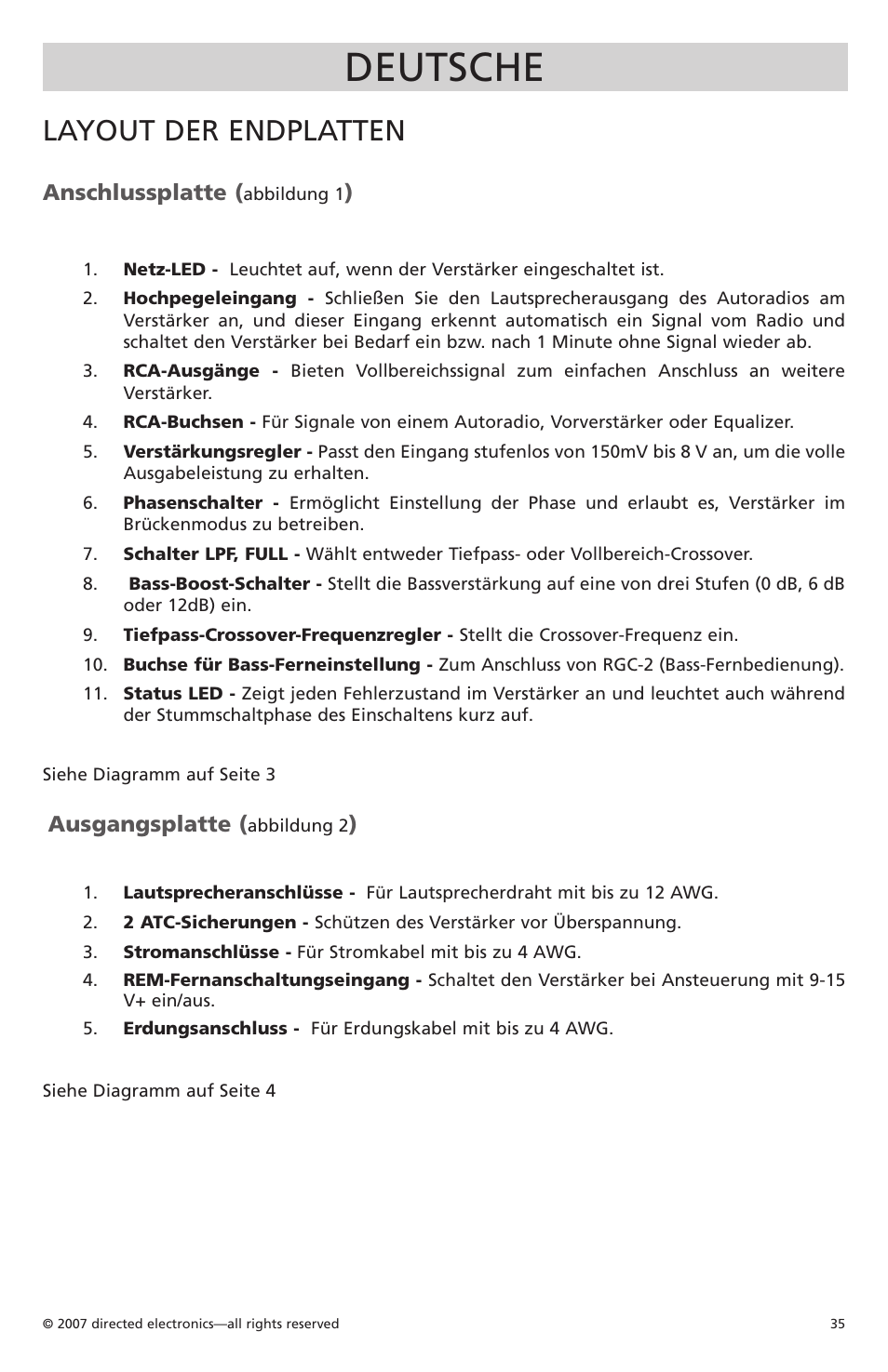 Deutsche, Layout der endplatten | Orion Car Audio CO500.1 User Manual | Page 36 / 66