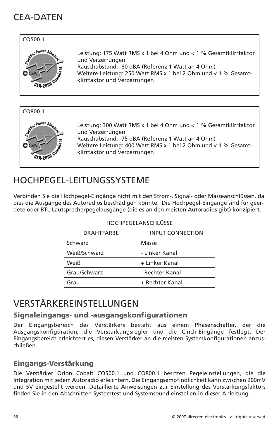 Cea-daten, Hochpegel-leitungssysteme, Verstärkereinstellungen | Signaleingangs- und -ausgangskonfigurationen, Eingangs-verstärkung | Orion Car Audio CO500.1 User Manual | Page 37 / 66