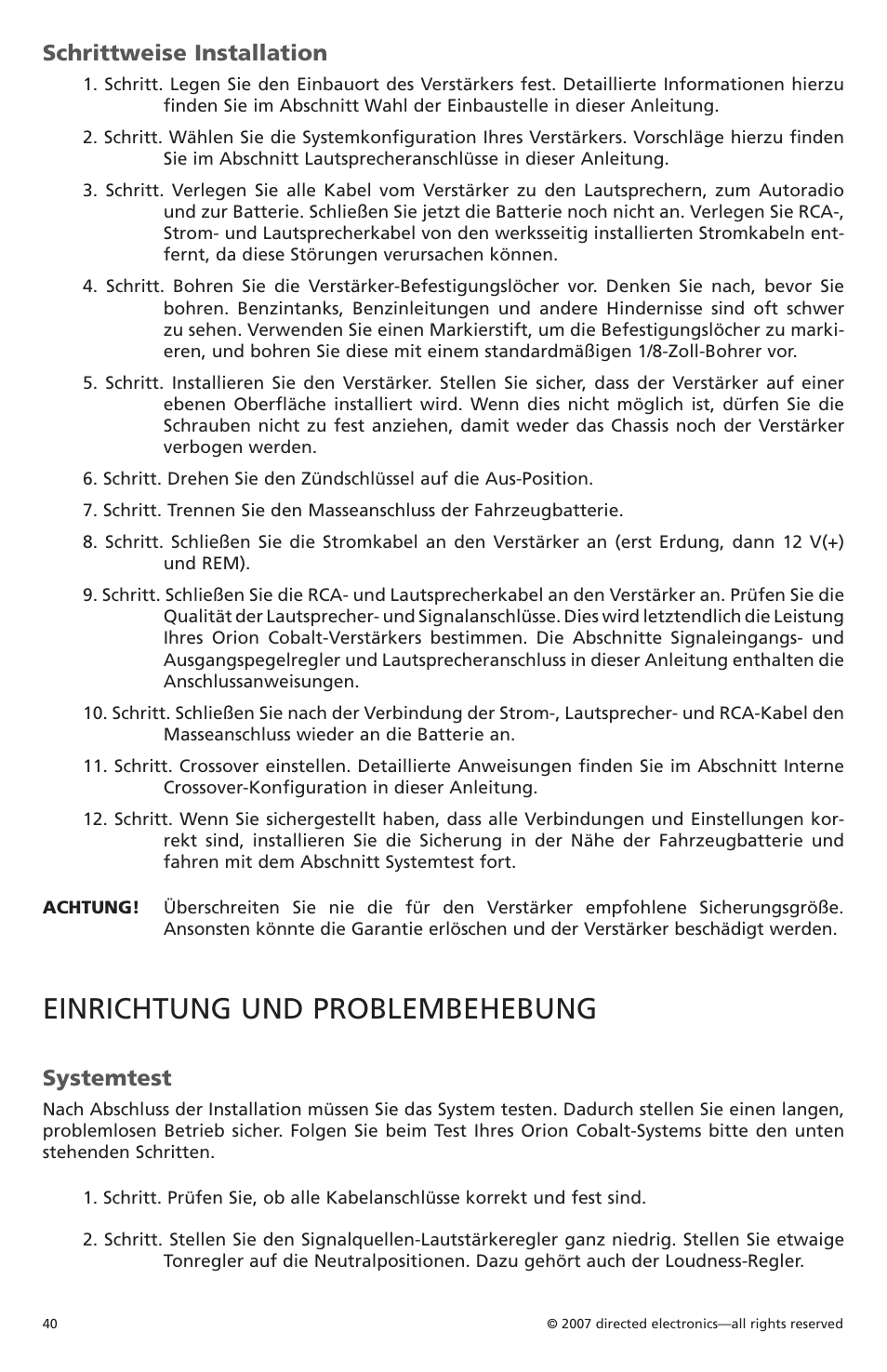Einrichtung und problembehebung, Schrittweise installation, Systemtest | Orion Car Audio CO500.1 User Manual | Page 41 / 66