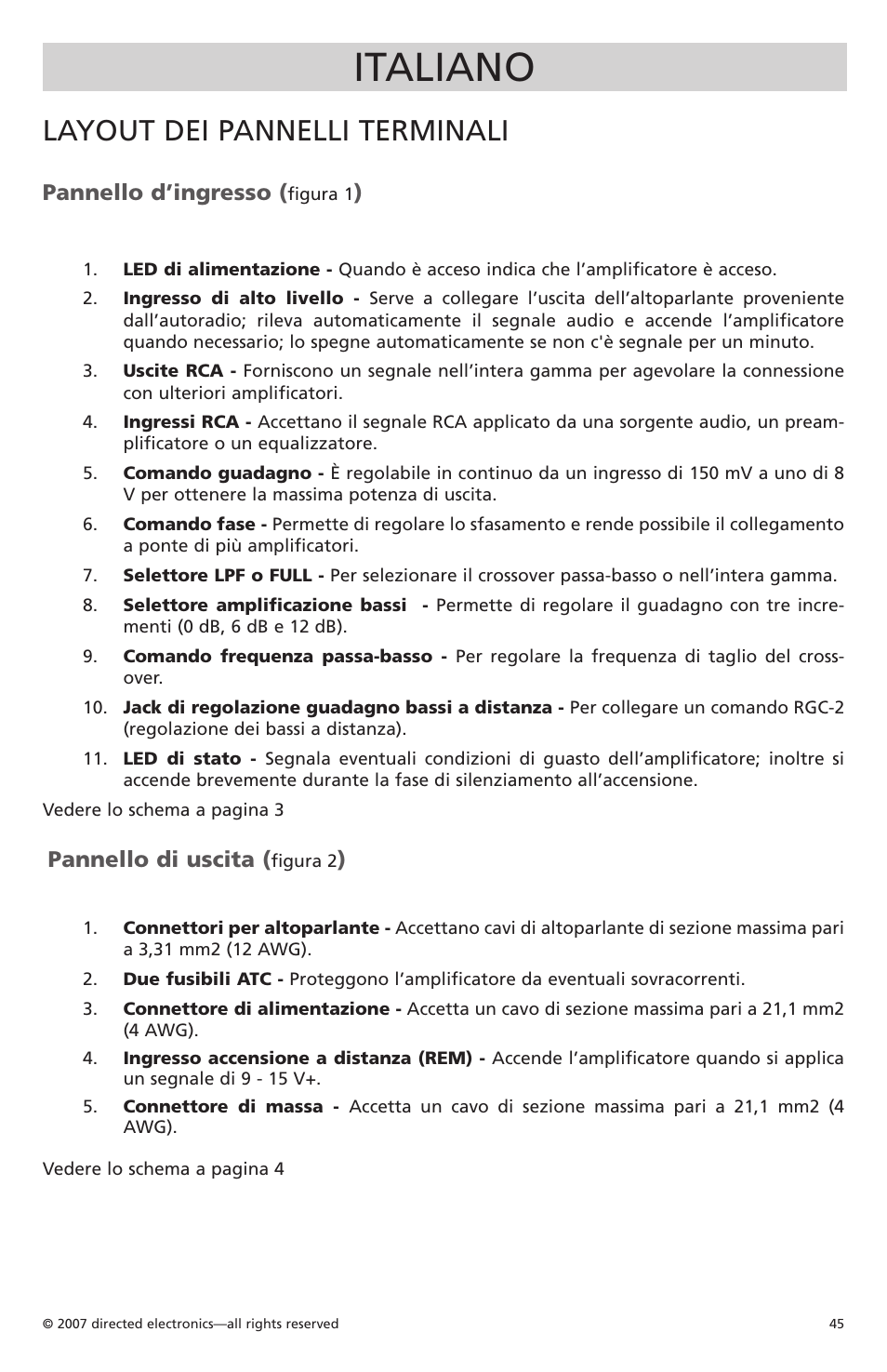 Italiano, Layout dei pannelli terminali, Pannello d’ingresso | Pannello di uscita | Orion Car Audio CO500.1 User Manual | Page 46 / 66