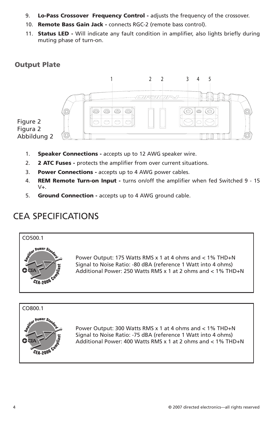 Cea specifications, Output plate | Orion Car Audio CO500.1 User Manual | Page 5 / 66