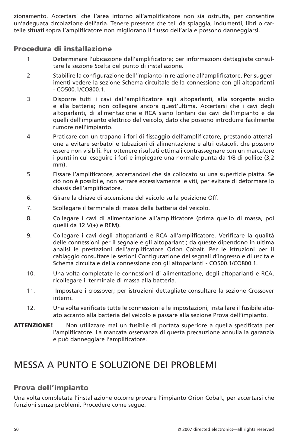 Messa a punto e soluzione dei problemi, Procedura di installazione, Prova dell’impianto | Orion Car Audio CO500.1 User Manual | Page 51 / 66