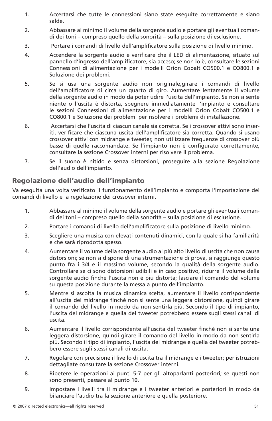 Regolazione dell’audio dell’impianto | Orion Car Audio CO500.1 User Manual | Page 52 / 66