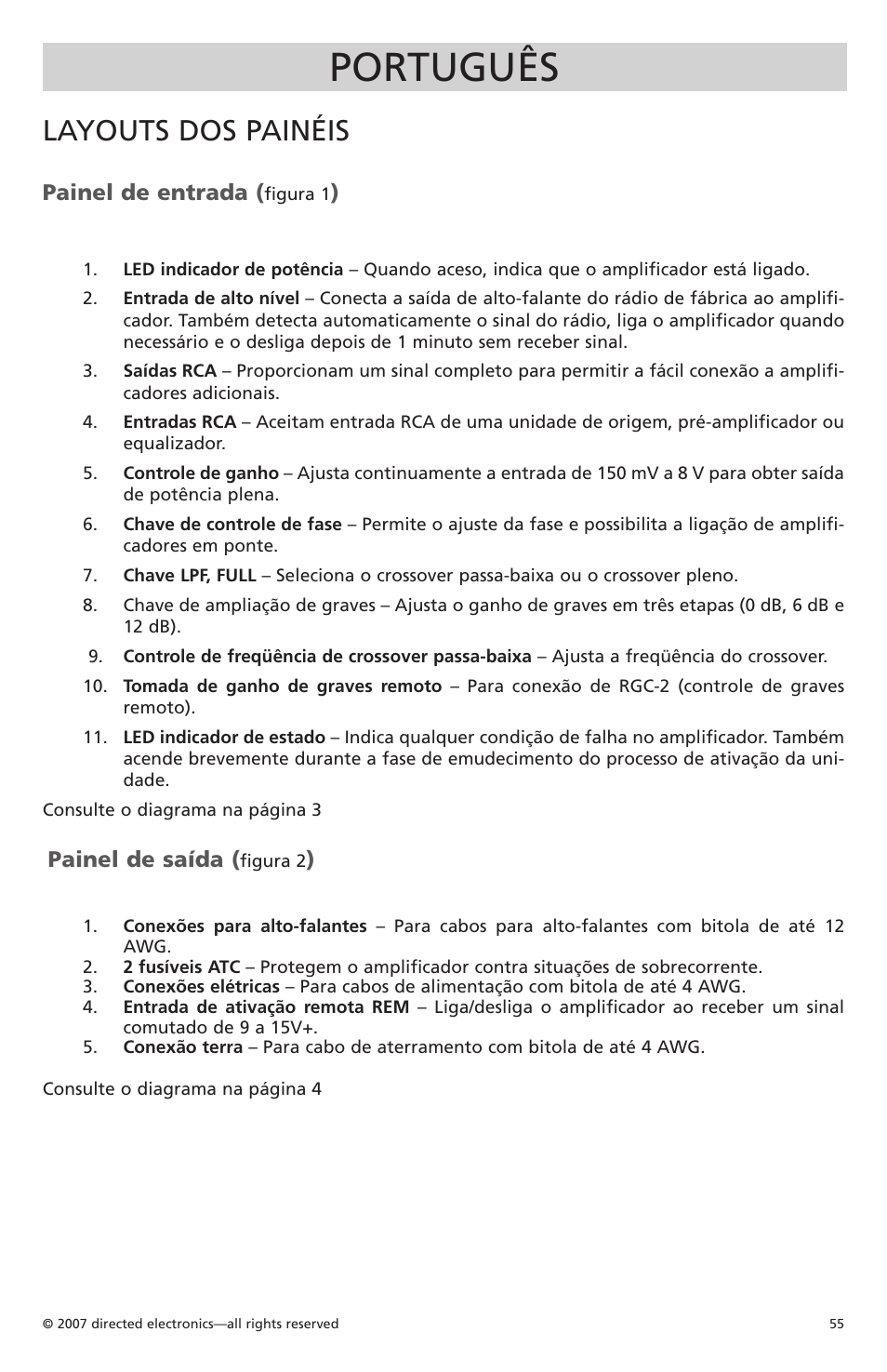 Português, Layouts dos painéis, Painel de entrada | Painel de saída | Orion Car Audio CO500.1 User Manual | Page 56 / 66