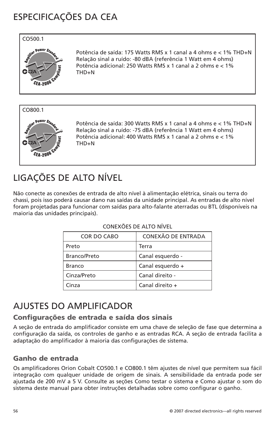 Especificações da cea, Ligações de alto nível, Ajustes do amplificador | Configurações de entrada e saída dos sinais, Ganho de entrada | Orion Car Audio CO500.1 User Manual | Page 57 / 66