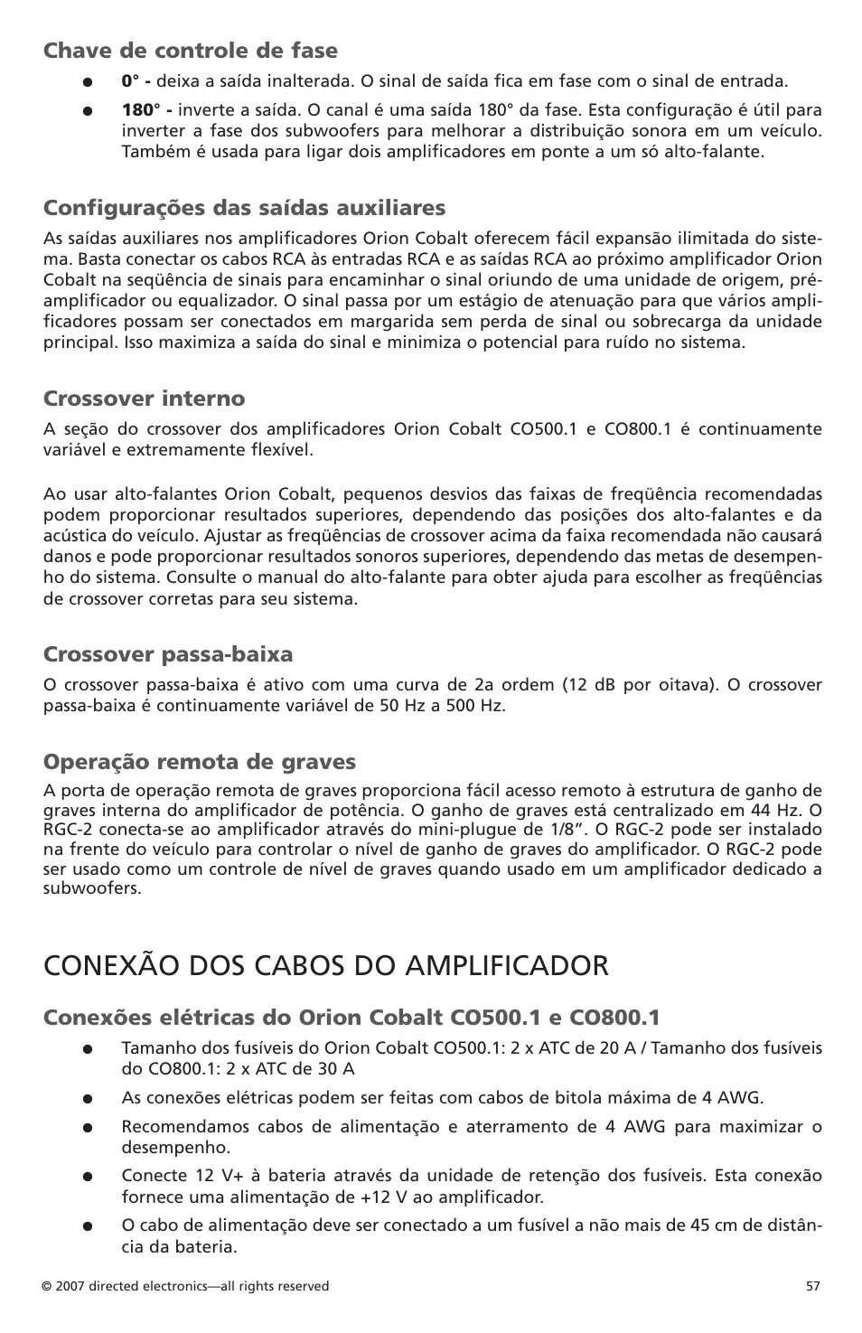 Conexão dos cabos do amplificador, Chave de controle de fase, Configurações das saídas auxiliares | Crossover interno, Crossover passa-baixa, Operação remota de graves | Orion Car Audio CO500.1 User Manual | Page 58 / 66