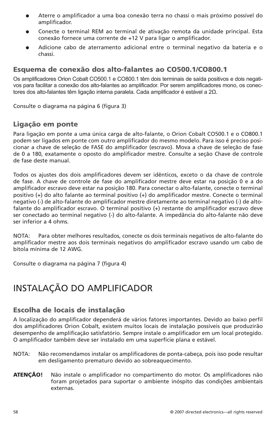 Instalação do amplificador, Ligação em ponte, Escolha de locais de instalação | Orion Car Audio CO500.1 User Manual | Page 59 / 66