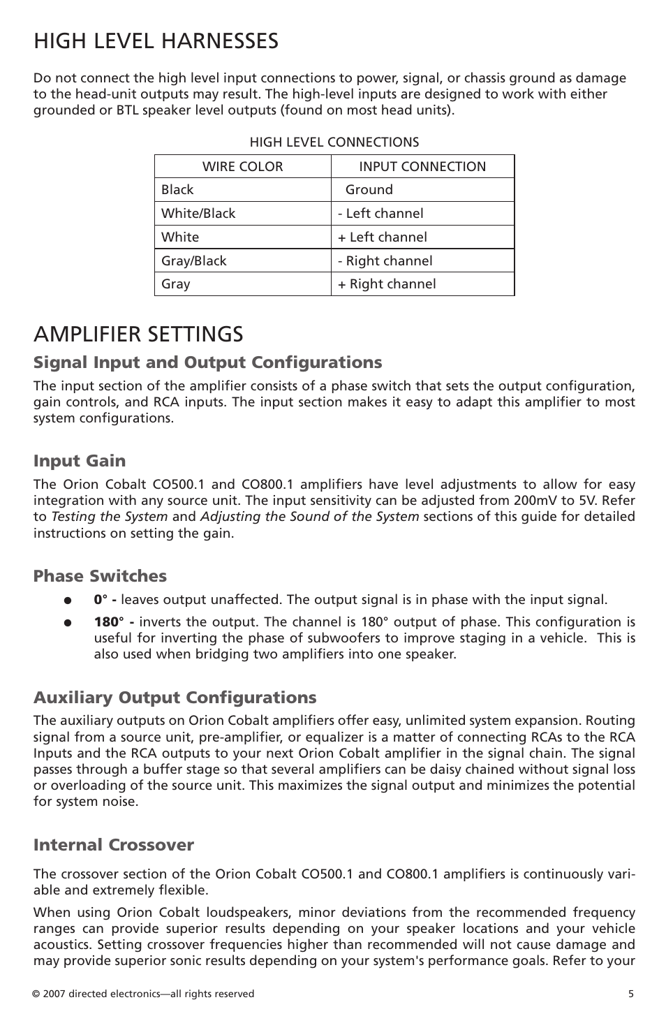 High level harnesses, Amplifier settings, Signal input and output configurations | Input gain, Phase switches, Auxiliary output configurations, Internal crossover | Orion Car Audio CO500.1 User Manual | Page 6 / 66