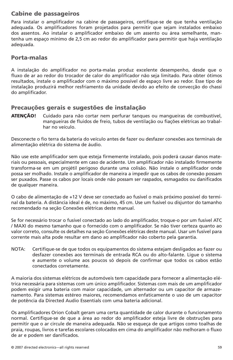 Cabine de passageiros, Porta-malas, Precauções gerais e sugestões de instalação | Orion Car Audio CO500.1 User Manual | Page 60 / 66