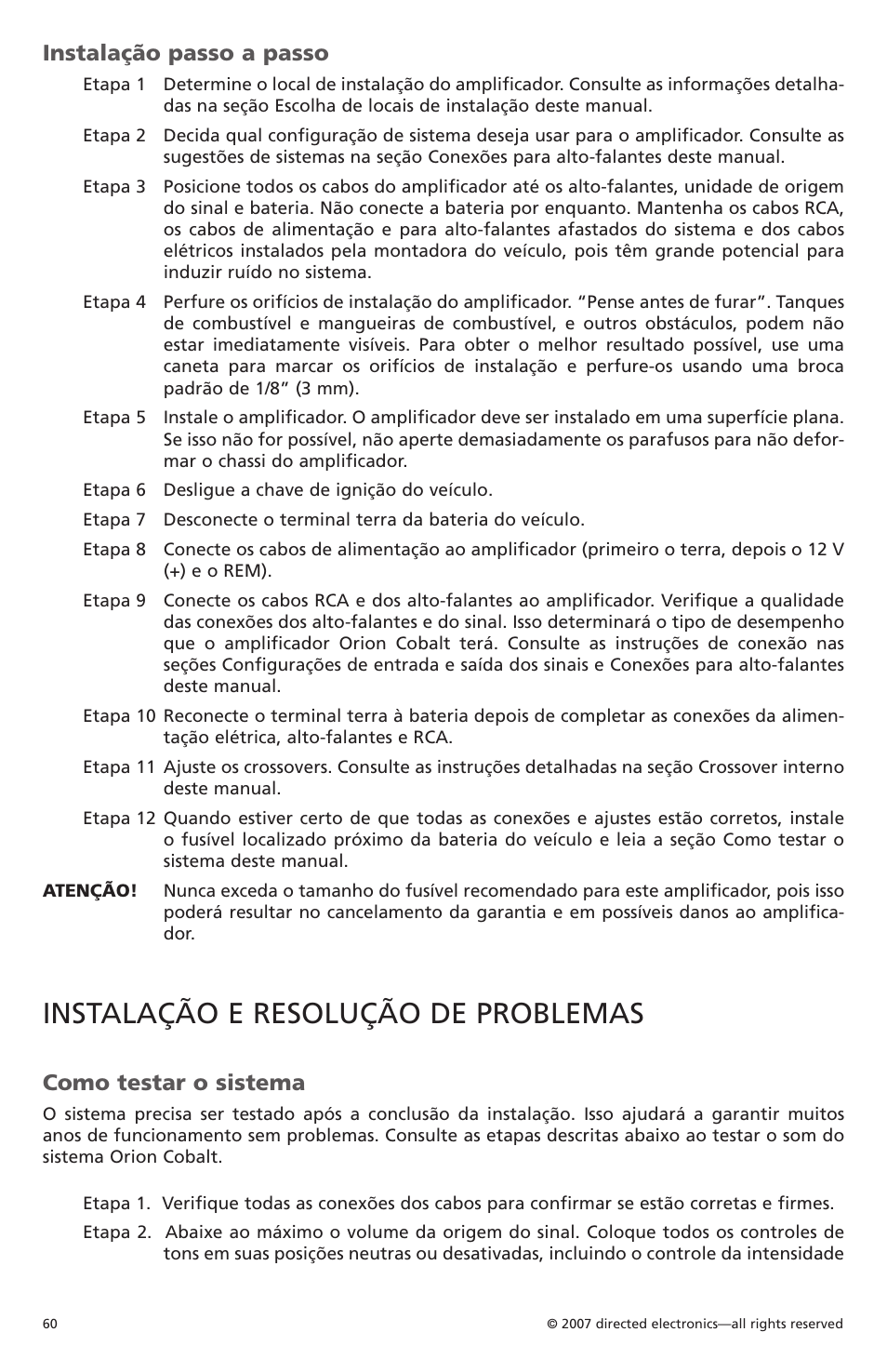 Instalação e resolução de problemas, Instalação passo a passo, Como testar o sistema | Orion Car Audio CO500.1 User Manual | Page 61 / 66