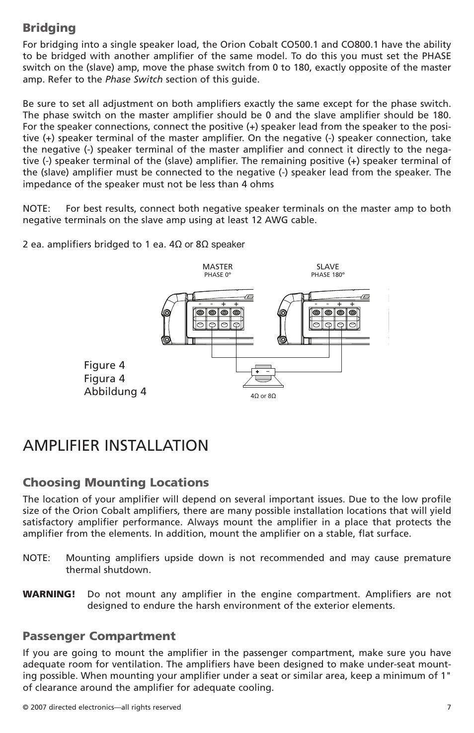 Amplifier installation, Bridging, Choosing mounting locations | Passenger compartment, Figure 4 figura 4 abbildung 4 | Orion Car Audio CO500.1 User Manual | Page 8 / 66