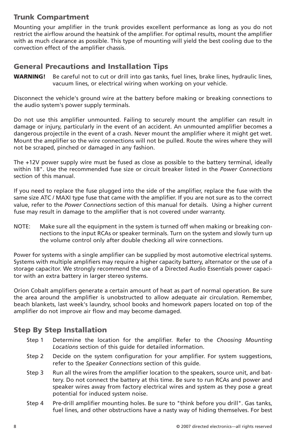 Trunk compartment, General precautions and installation tips, Step by step installation | Orion Car Audio CO500.1 User Manual | Page 9 / 66
