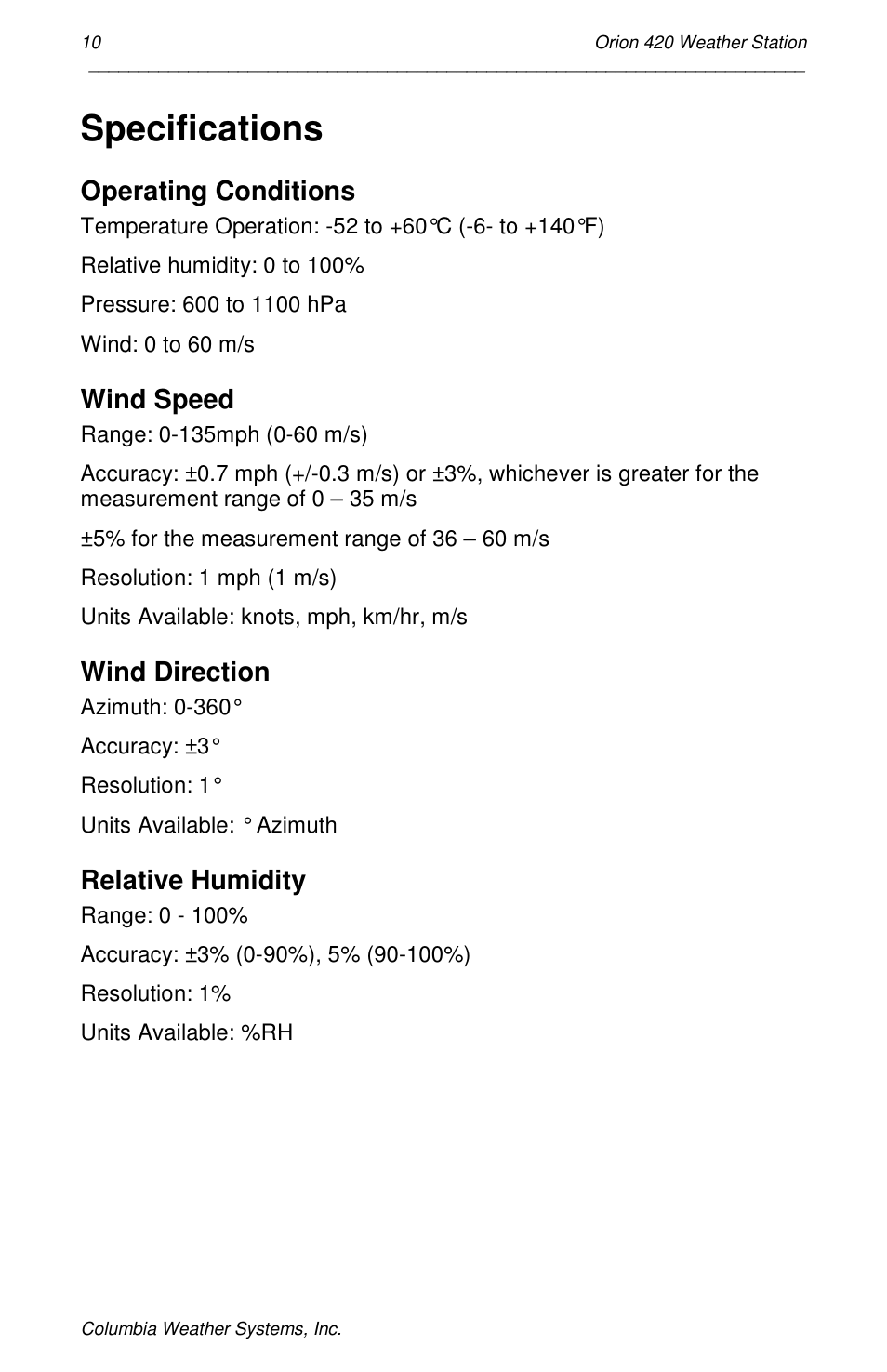 Specifications, Operating conditions, Wind speed | Wind direction, Relative humidity | Orion Car Audio 420 User Manual | Page 10 / 50