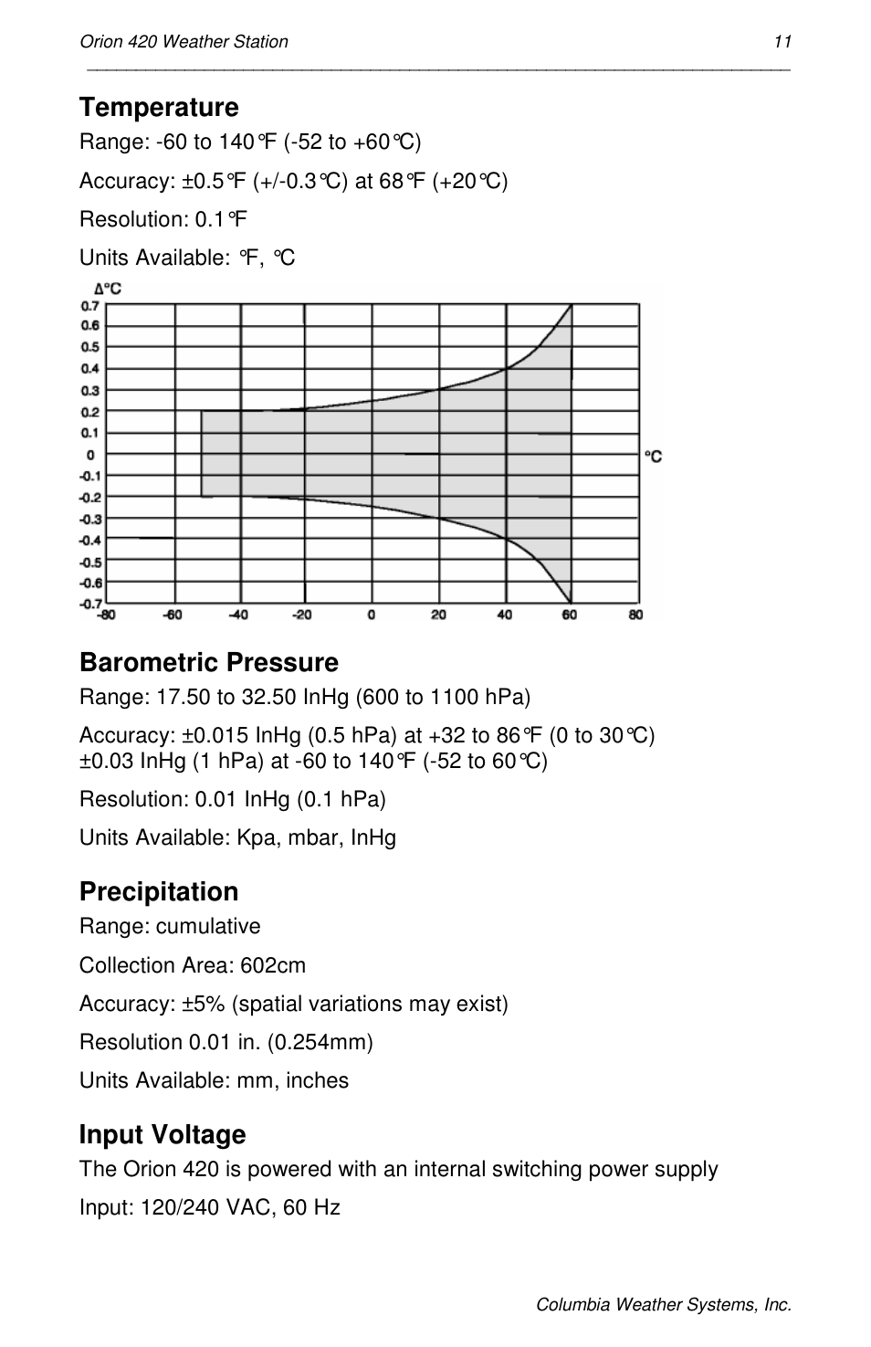 Temperature, Barometric pressure, Precipitation | Input voltage | Orion Car Audio 420 User Manual | Page 11 / 50