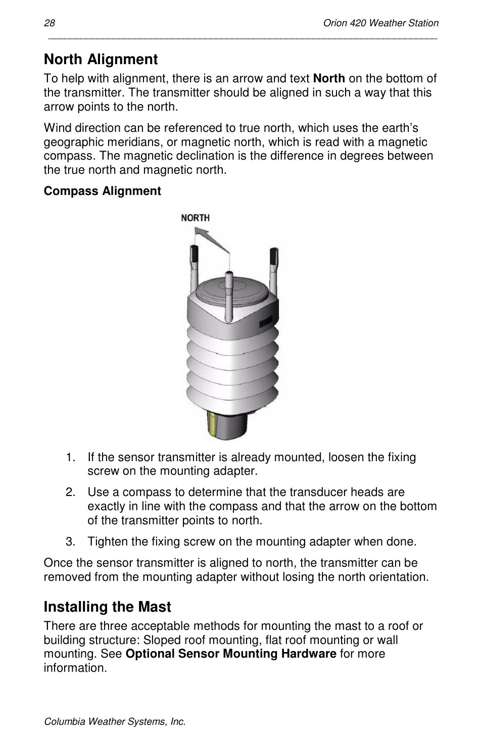 North alignment, Installing the mast | Orion Car Audio 420 User Manual | Page 28 / 50