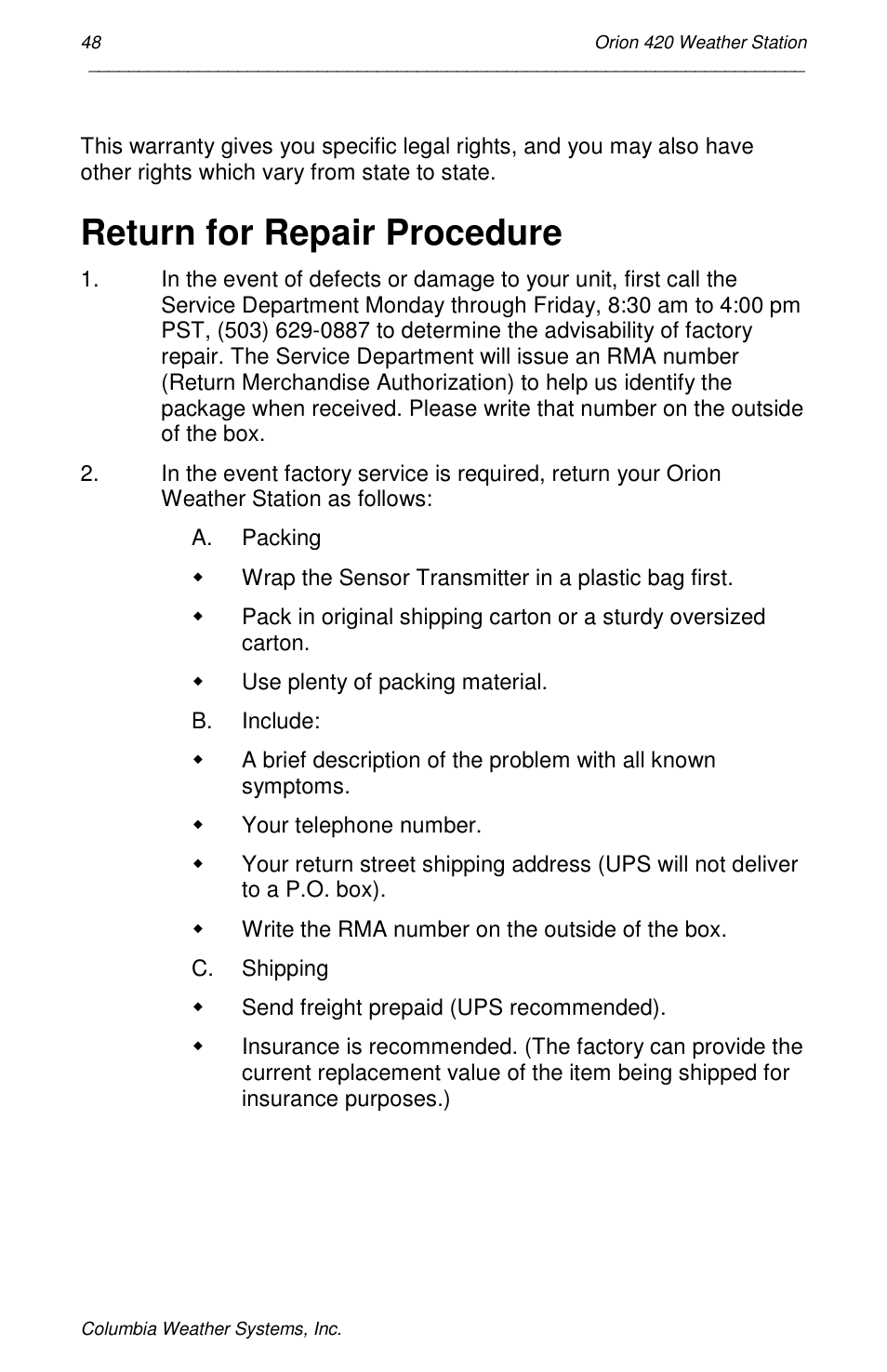 Return for repair procedure | Orion Car Audio 420 User Manual | Page 48 / 50