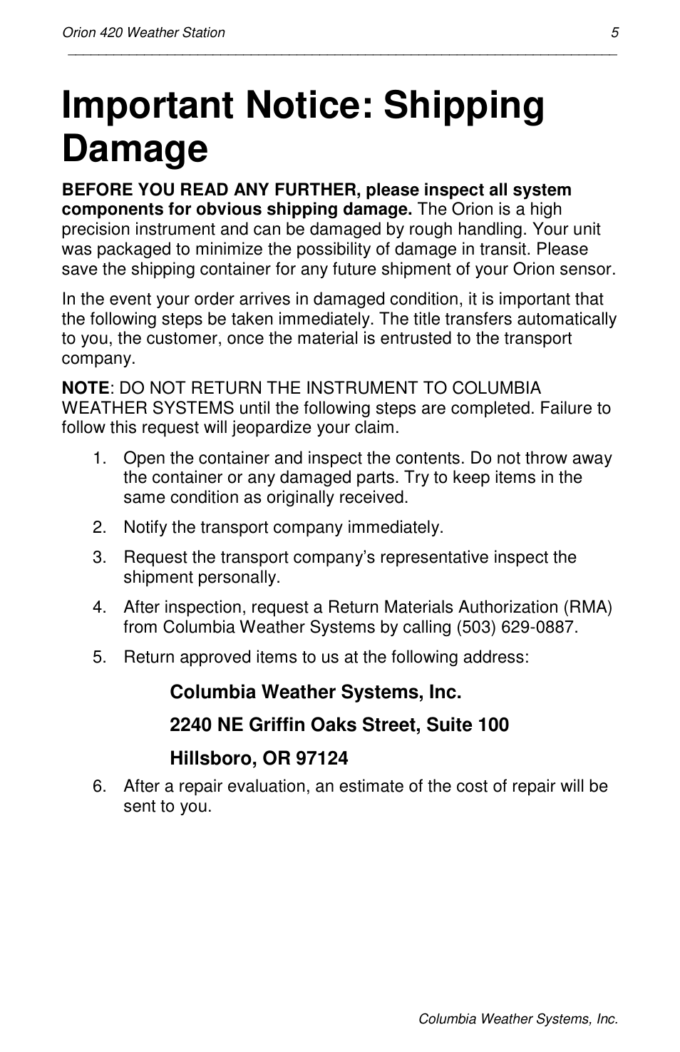 Important notice: shipping damage | Orion Car Audio 420 User Manual | Page 5 / 50