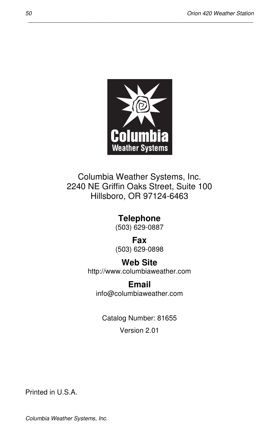 Telephone, Web site, Email | Orion Car Audio 420 User Manual | Page 50 / 50