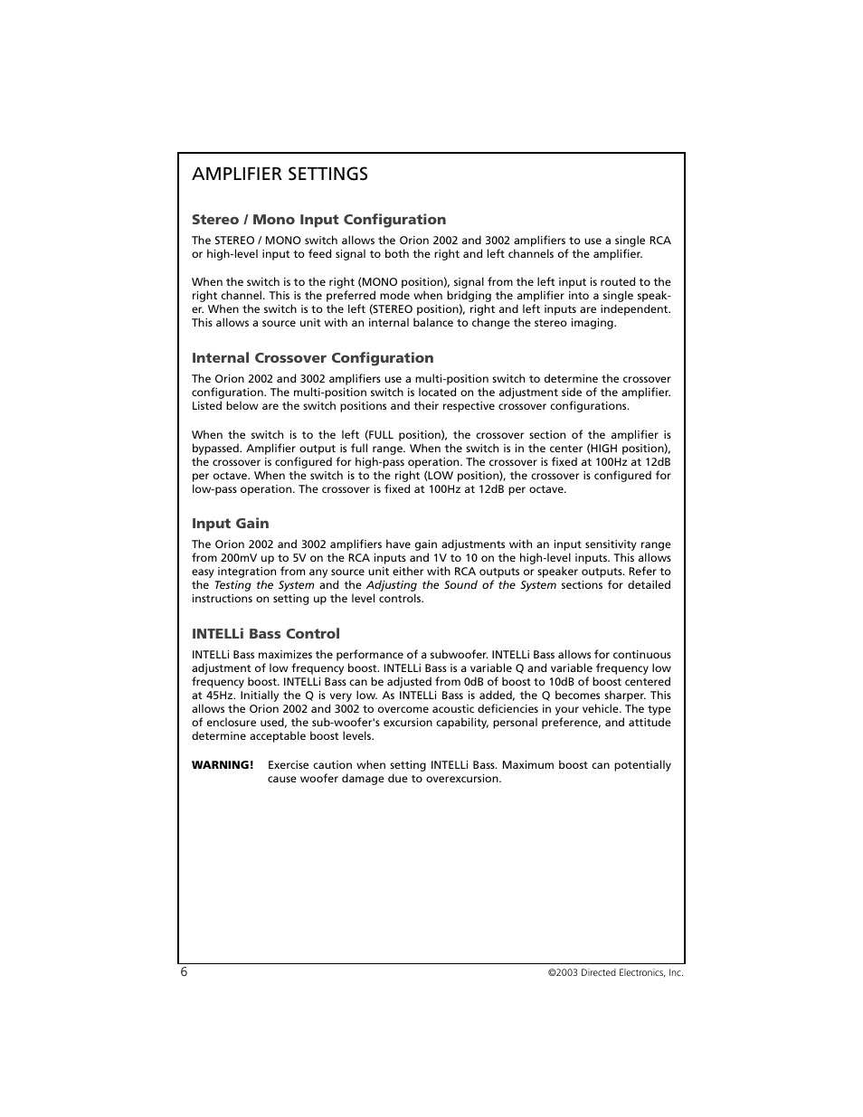 Amplifier settings | Orion Car Audio 3002 User Manual | Page 7 / 18