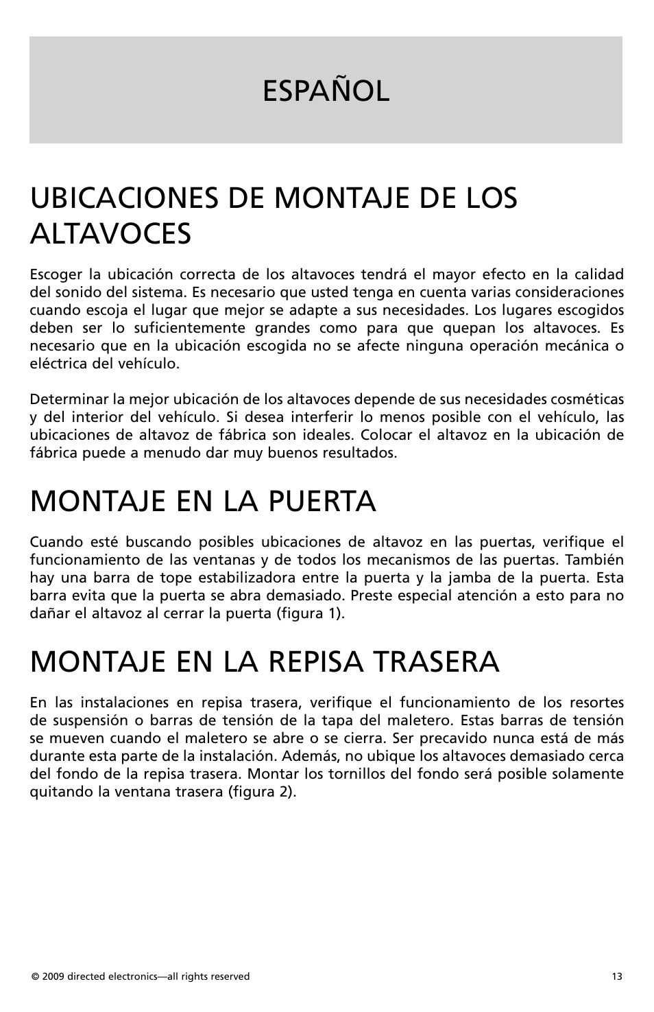 Español ubicaciones de montaje de los altavoces, Montaje en la puerta, Montaje en la repisa trasera | Orion Car Audio CO500 User Manual | Page 14 / 29