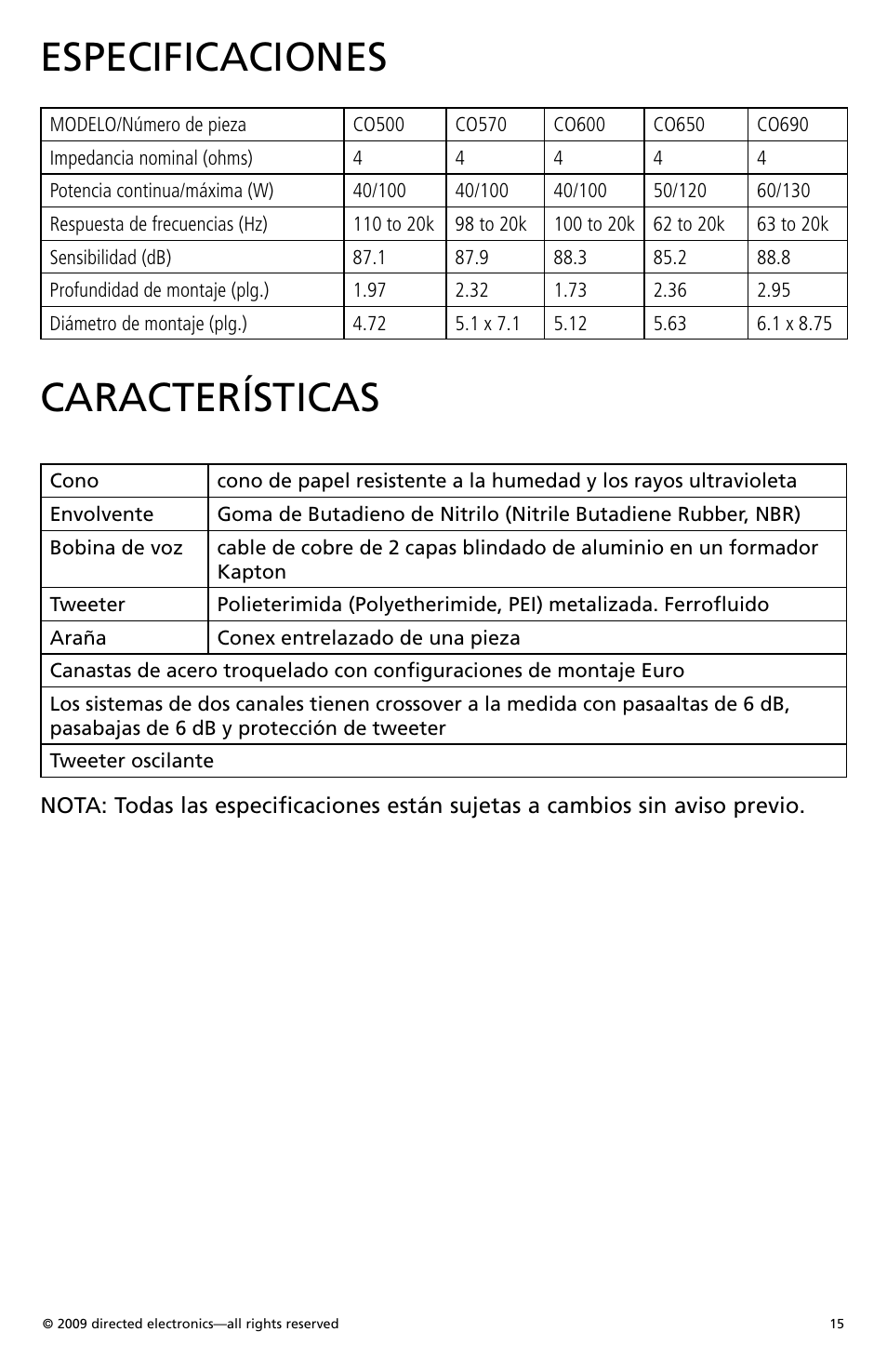 Especificaciones, Características | Orion Car Audio CO500 User Manual | Page 16 / 29