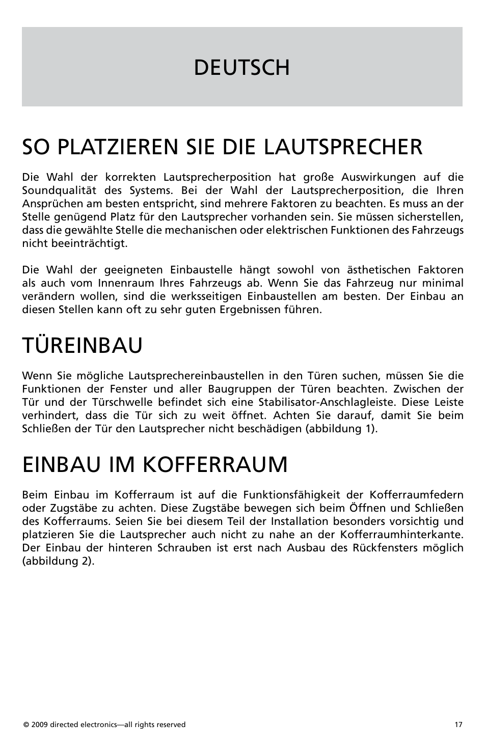 Deutsch so platzieren sie die lautsprecher, Türeinbau, Einbau im kofferraum | Orion Car Audio CO500 User Manual | Page 18 / 29