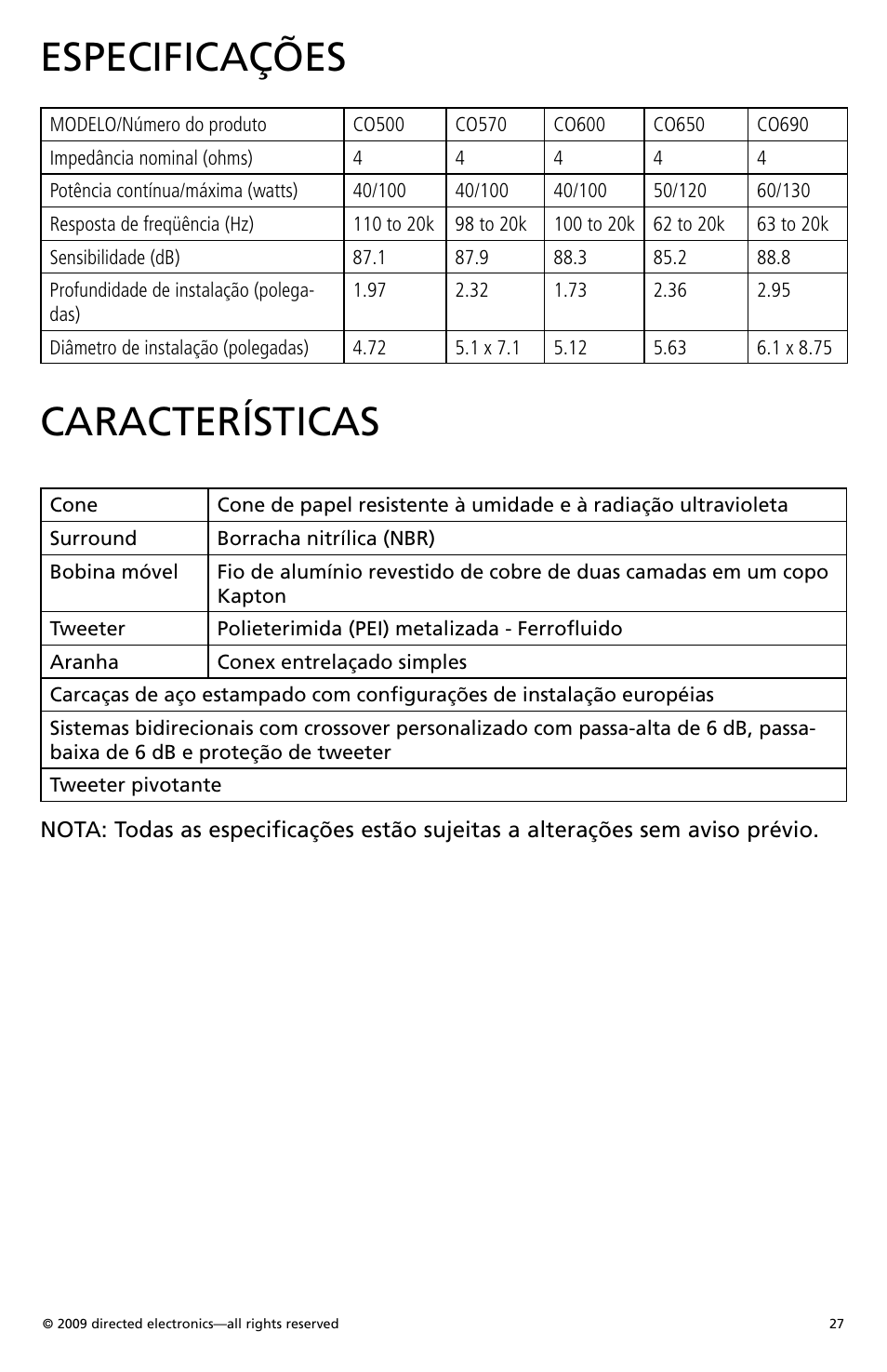 Especificações, Características | Orion Car Audio CO500 User Manual | Page 28 / 29