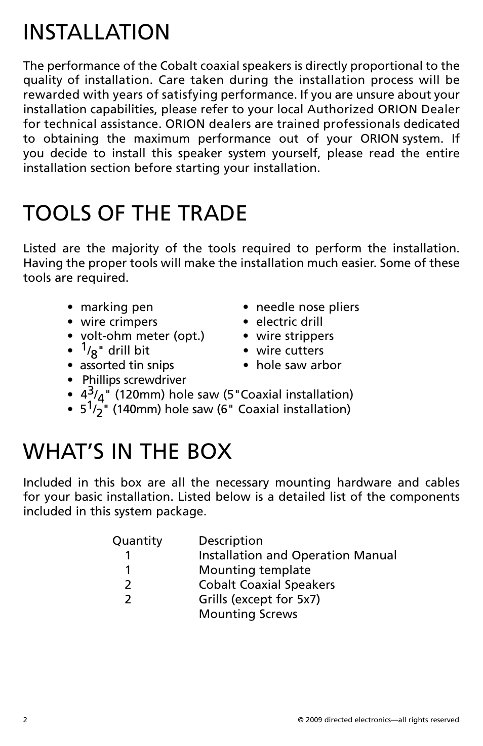 Installation, Tools of the trade, What’s in the box | Orion Car Audio CO500 User Manual | Page 3 / 29