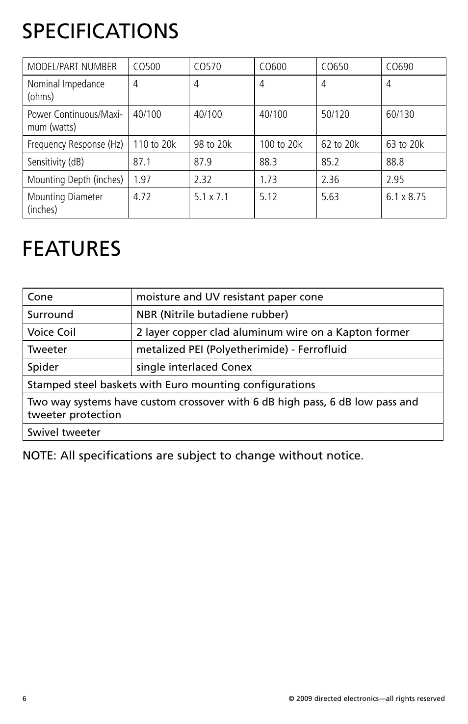Specifications, Features | Orion Car Audio CO500 User Manual | Page 7 / 29