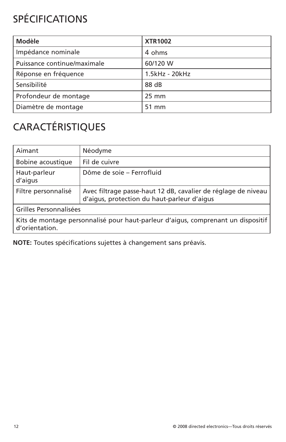 Spécifications, Caractéristiques | Orion Car Audio XTR1002 User Manual | Page 13 / 30