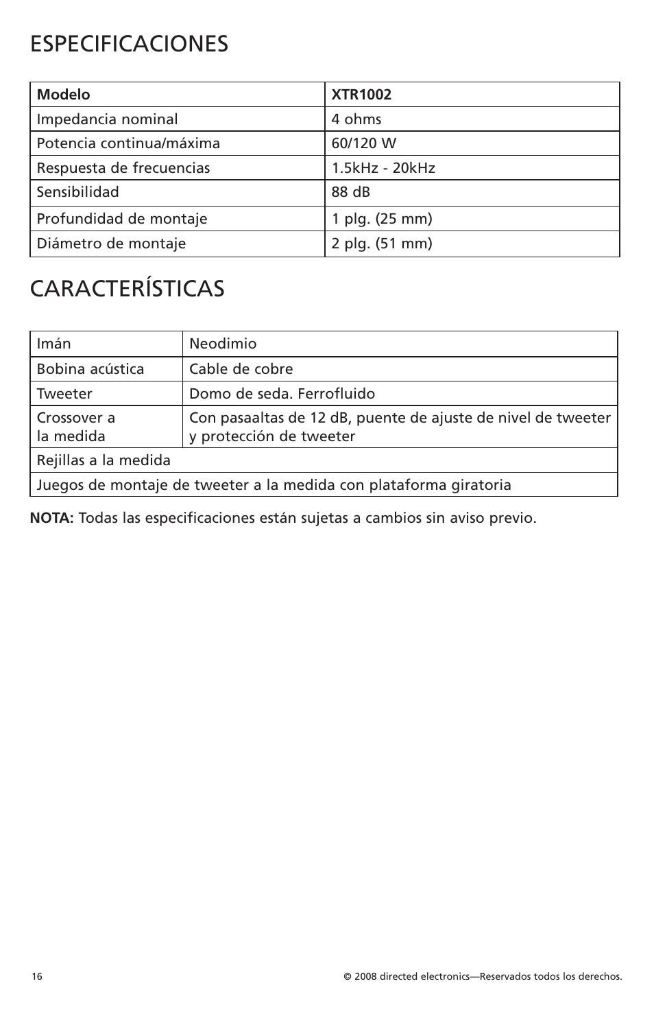 Especificaciones, Características | Orion Car Audio XTR1002 User Manual | Page 17 / 30