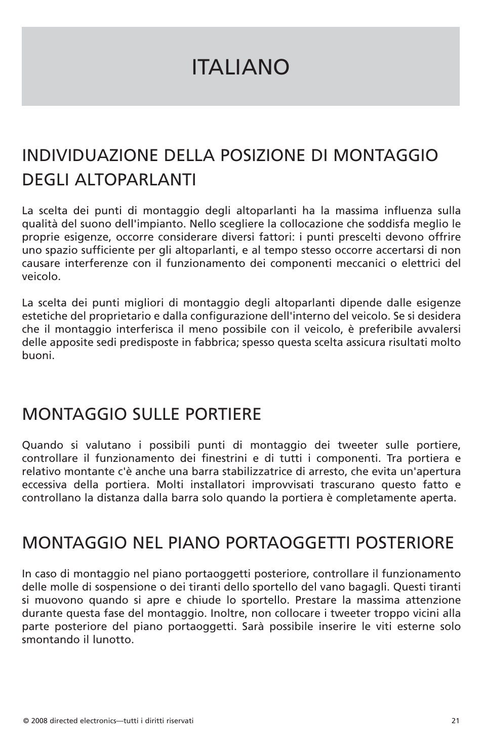 Italiano, Montaggio sulle portiere, Montaggio nel piano portaoggetti posteriore | Orion Car Audio XTR1002 User Manual | Page 22 / 30