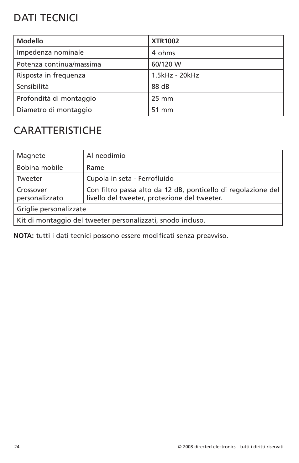 Dati tecnici, Caratteristiche | Orion Car Audio XTR1002 User Manual | Page 25 / 30