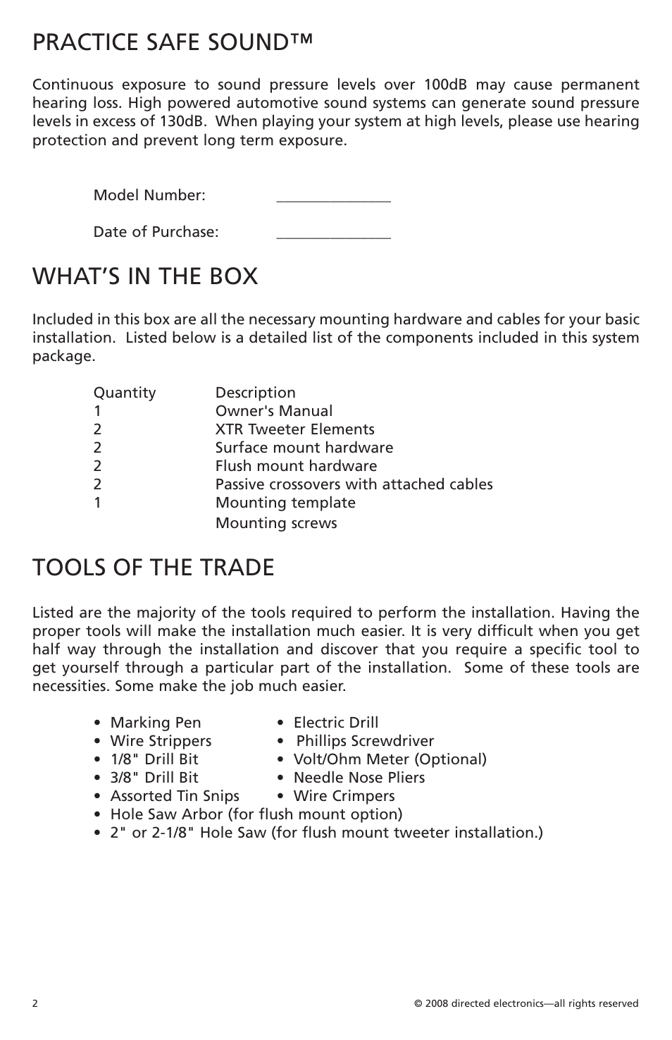 Practice safe sound, What’s in the box, Tools of the trade | Orion Car Audio XTR1002 User Manual | Page 3 / 30