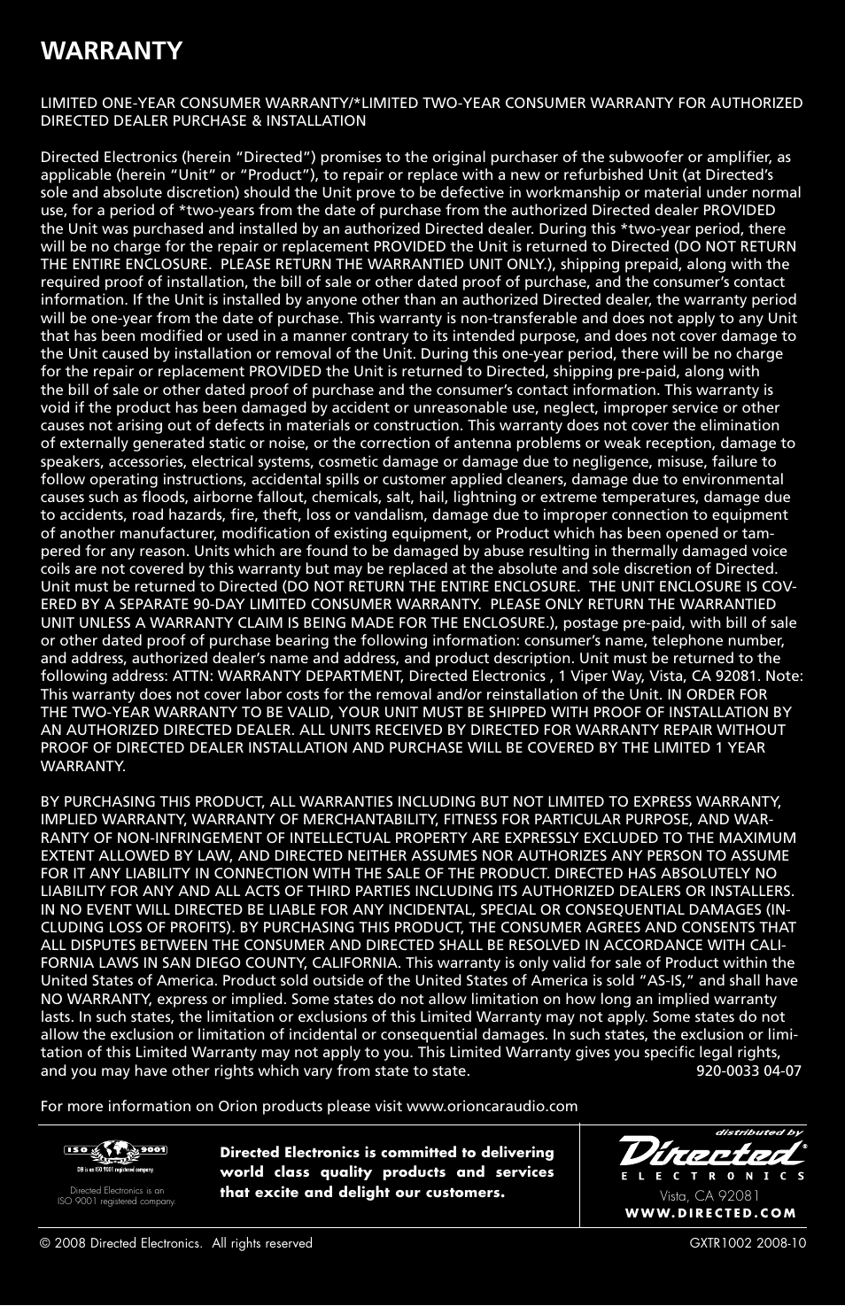 Warranty | Orion Car Audio XTR1002 User Manual | Page 30 / 30