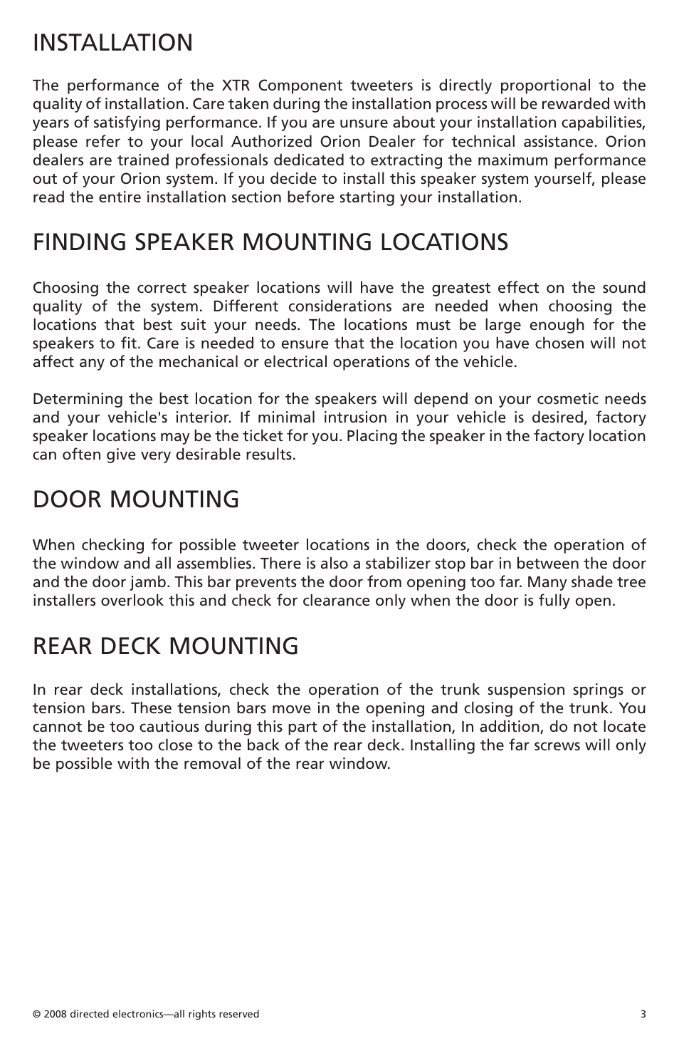 Installation, Finding speaker mounting locations, Door mounting | Rear deck mounting | Orion Car Audio XTR1002 User Manual | Page 4 / 30