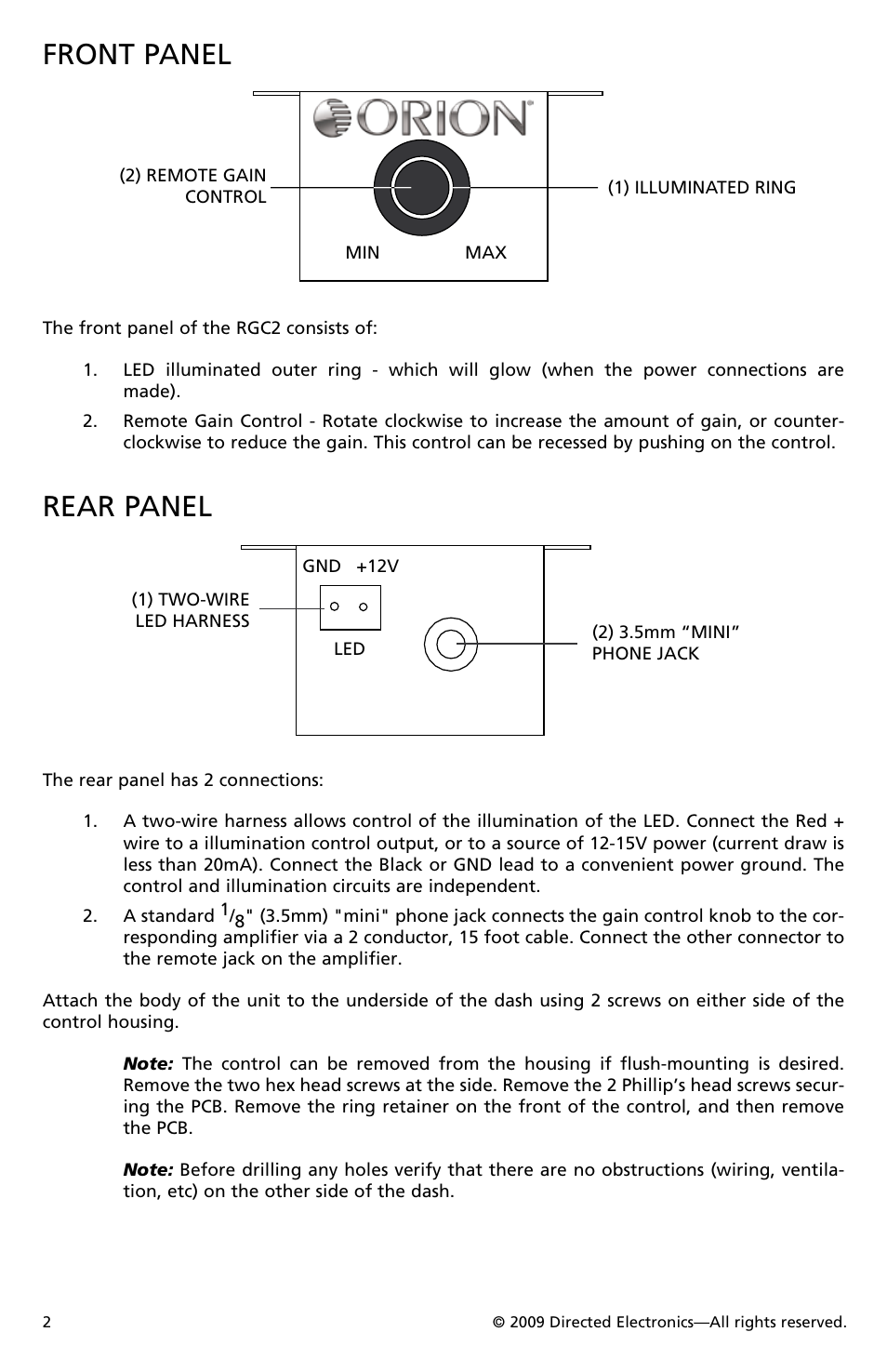 Front panel, Rear panel | Orion Car Audio RGC2 User Manual | Page 3 / 4