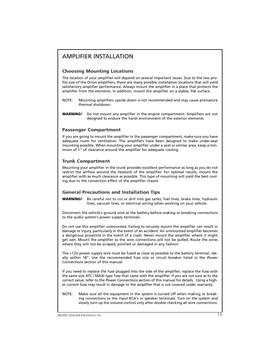 Amplifier installation | Orion Car Audio 8002 User Manual | Page 14 / 22