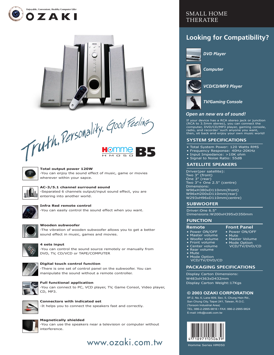 Looking for compatibility, Small home theratre, Open an new era of sound | Ozaki Worldwide HM050 User Manual | Page 2 / 2