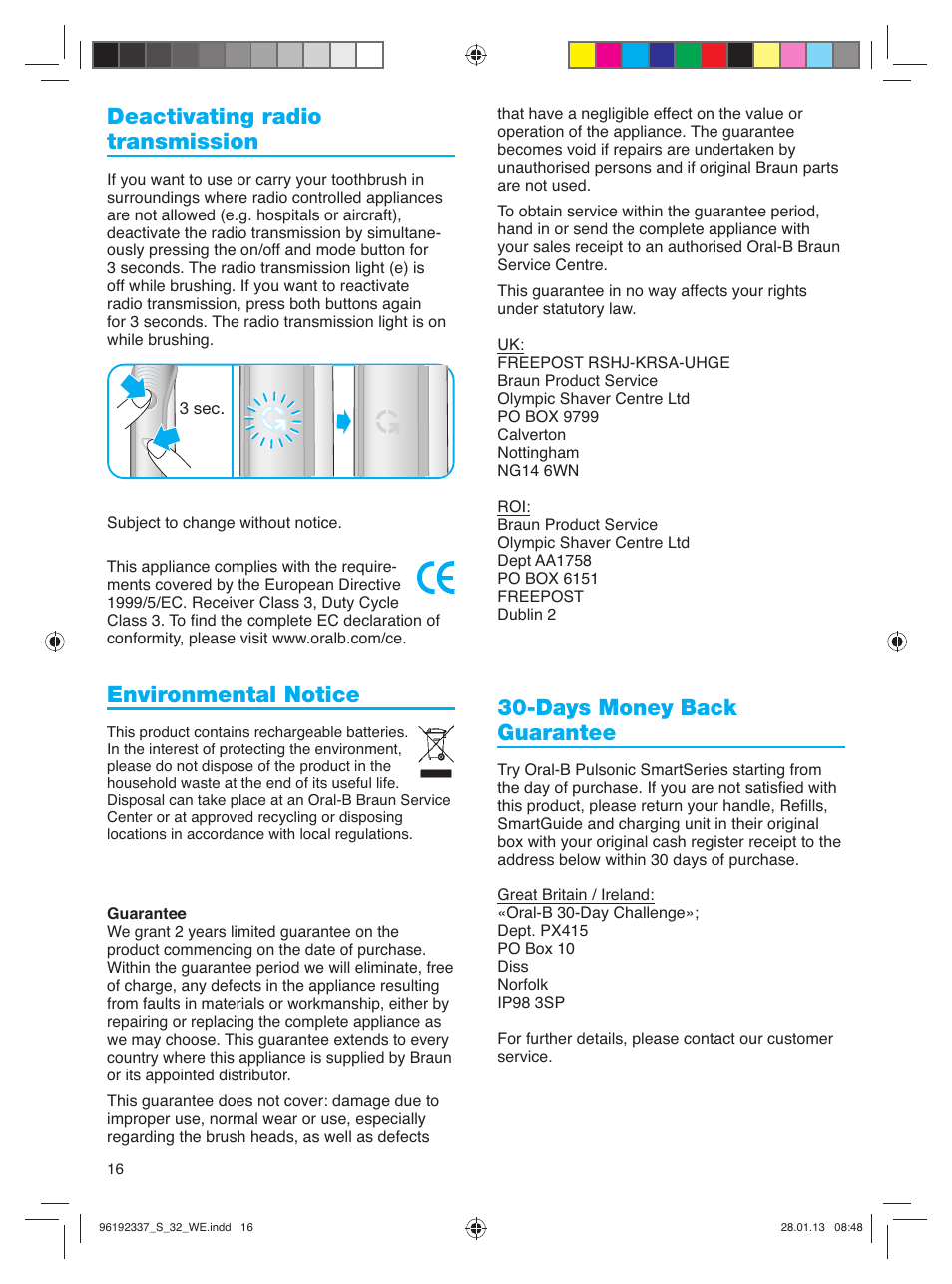 Deactivating radio transmission, Environmental notice, Days money back guarantee | Oral-B Pulsonic Smart Series S 32.533.5 User Manual | Page 16 / 80