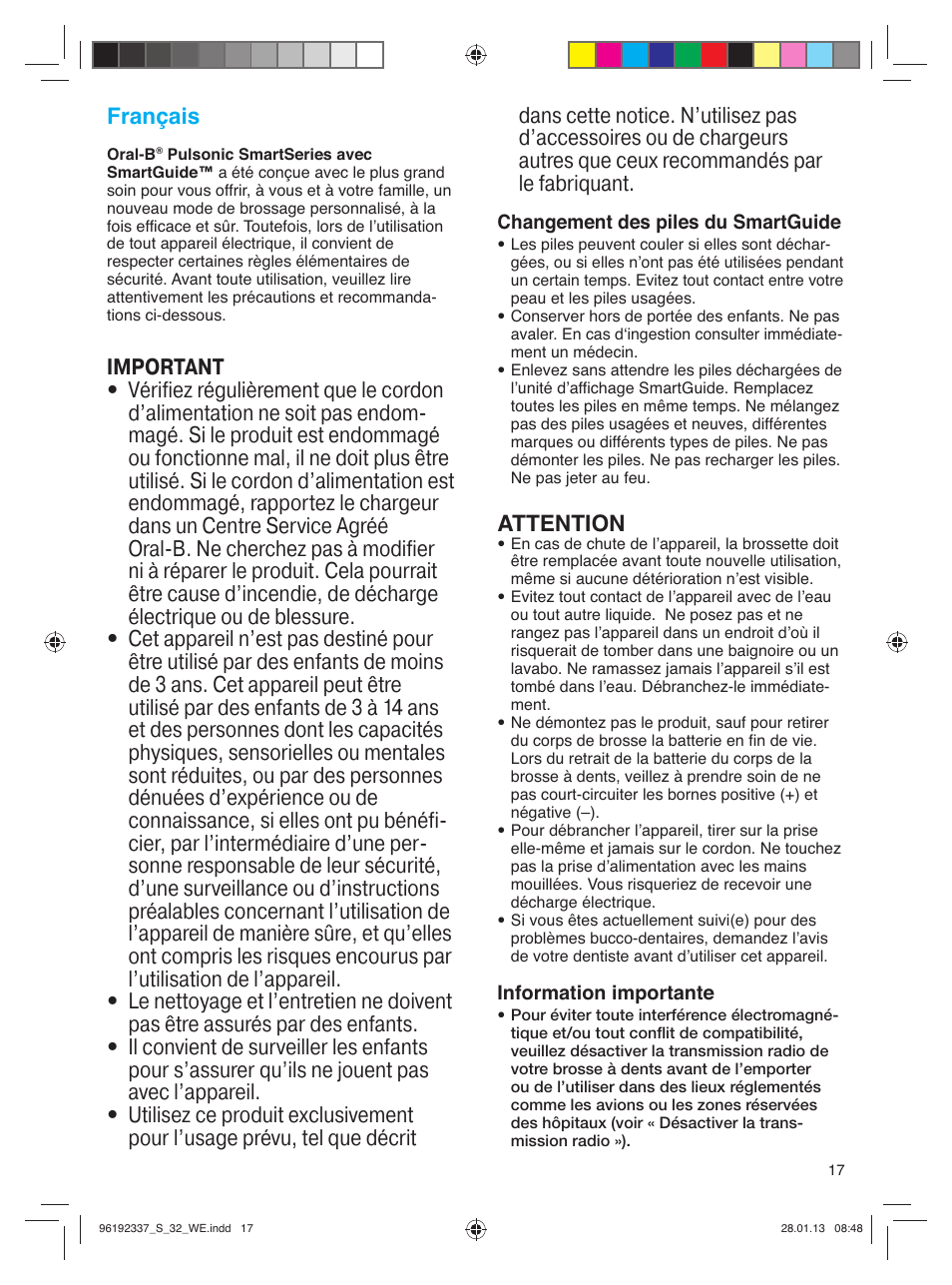Français, Attention | Oral-B Pulsonic Smart Series S 32.533.5 User Manual | Page 17 / 80